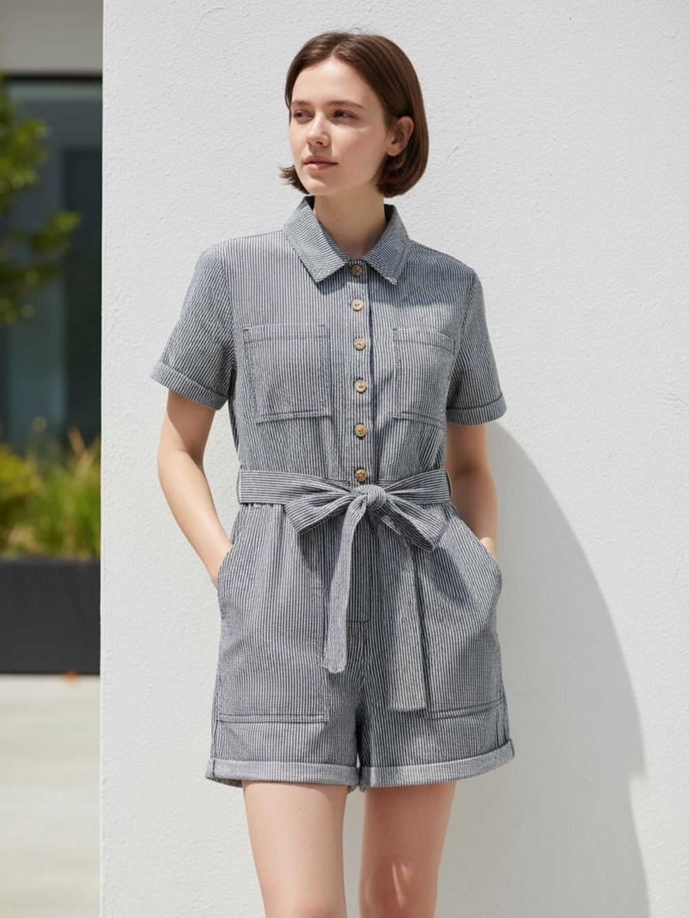 Urban Outfitters Blue/White Denim Striped Cotton Romper Women’s Size Medium